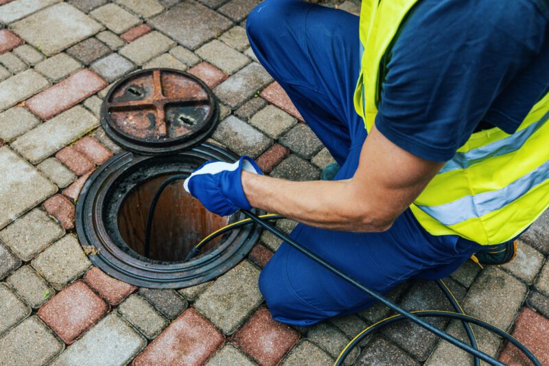Professional plumber uses hydro jetting to clean clogged drain